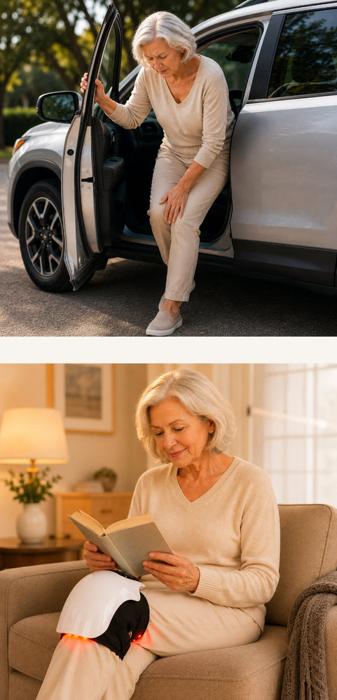Woman experiencing knee pain getting out of car